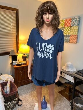 Navy "Fur Mama" V-Neck Tee